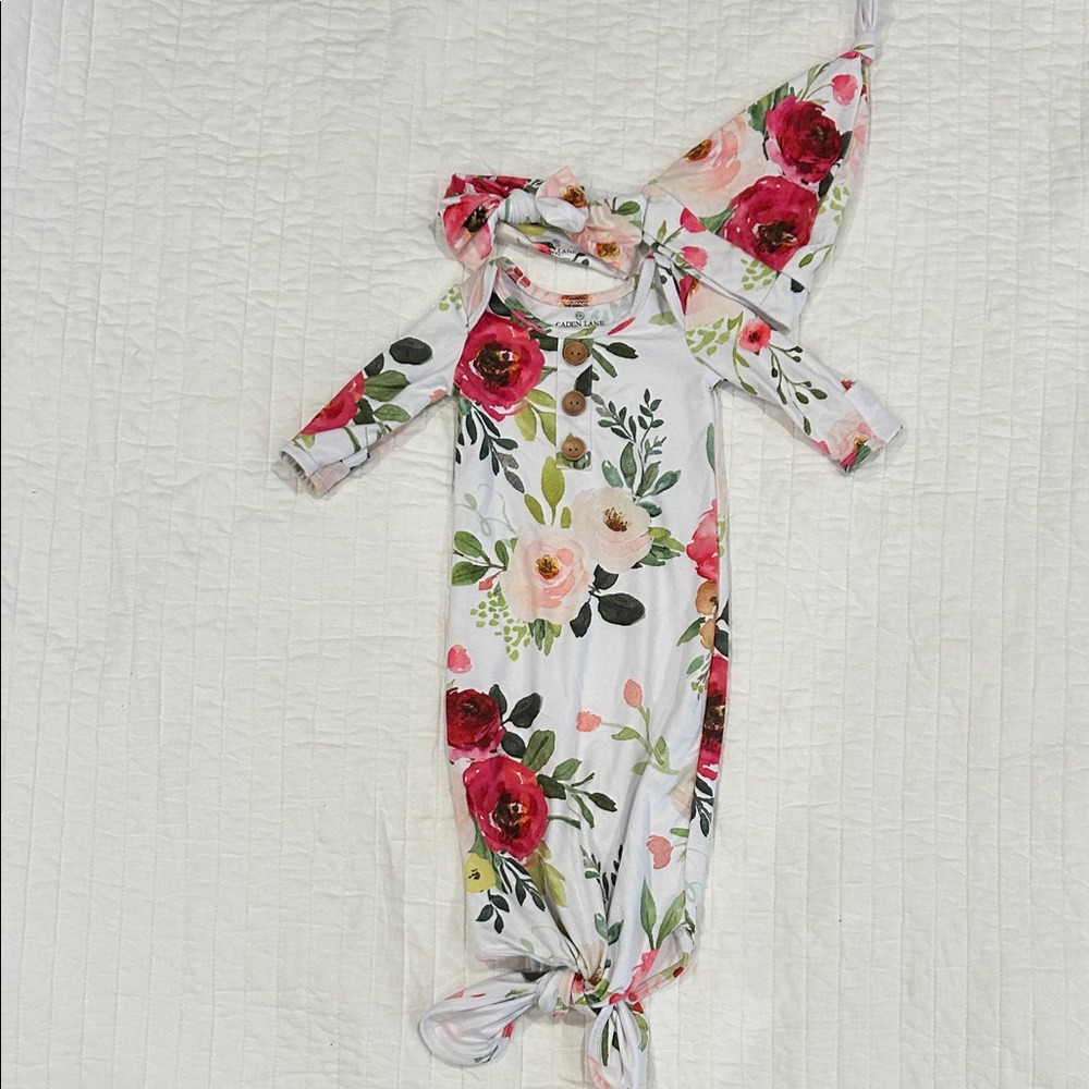Caden Lane Floral Kids Tie Bottom Nightgown with Hat and Bow - Pink and Green. - Picture 2 of 4